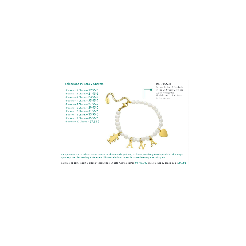 PULSERA LETTERS & SYMBOLS. PERLAS CULTIVADAS.ACERO DORADO