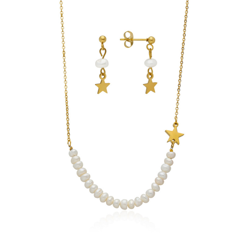 CONJUNTO COLLAR Y PENDIENTES. PERLAS BARROCAS NATURALES.ACERO DORADO